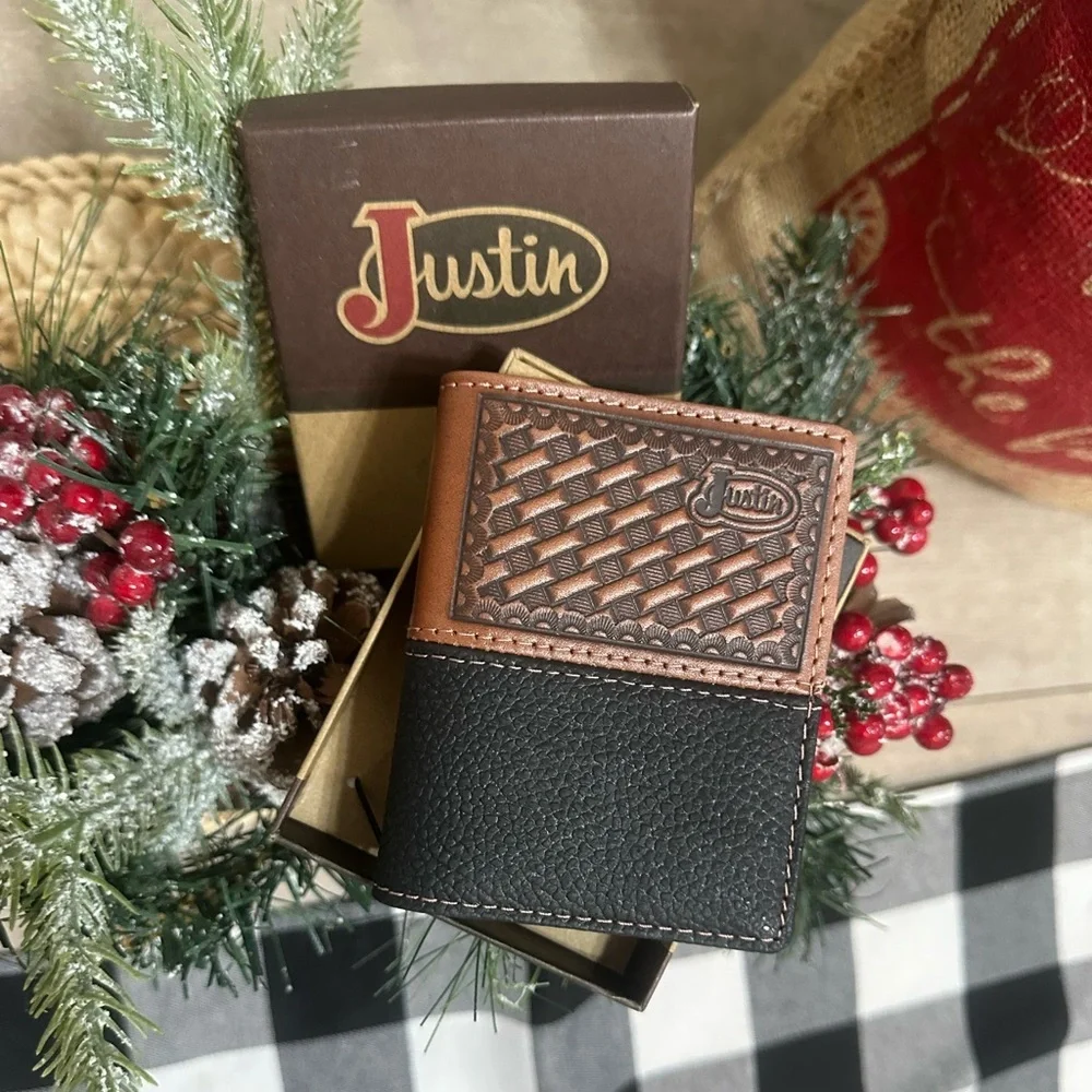 New Justin Boots Mens Leather Wallet Bi Fold Basketweave Card Wallet Brown Black